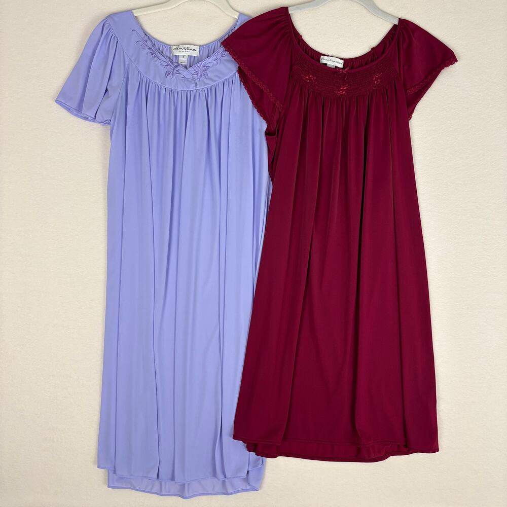 Miss Elaine Sz Small Short Sleeve Nylon Tricot Nightgown Bundle, Lavender Maroon